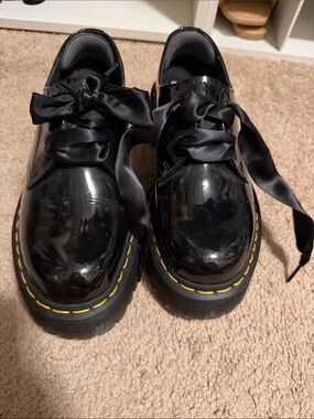 Dr. Martens Black Patent Platform Lace-Up Shoes with Yellow Stitching